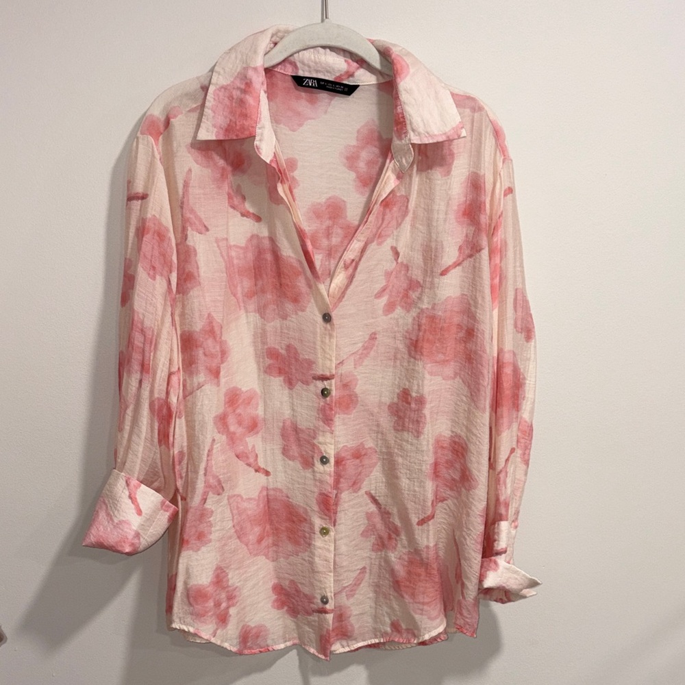 Zara Cream Button-Down Shirt with Pink Floral Print